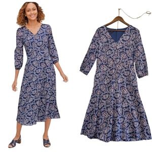 Talbots Midi Dress Women Size 6 Navy Blue Paisley Print V Neck 3/4 Sleeve Pocket